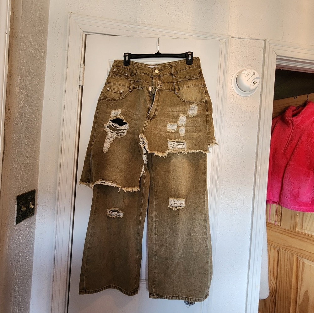 Distressed Green Jeans With Skirt Overlay